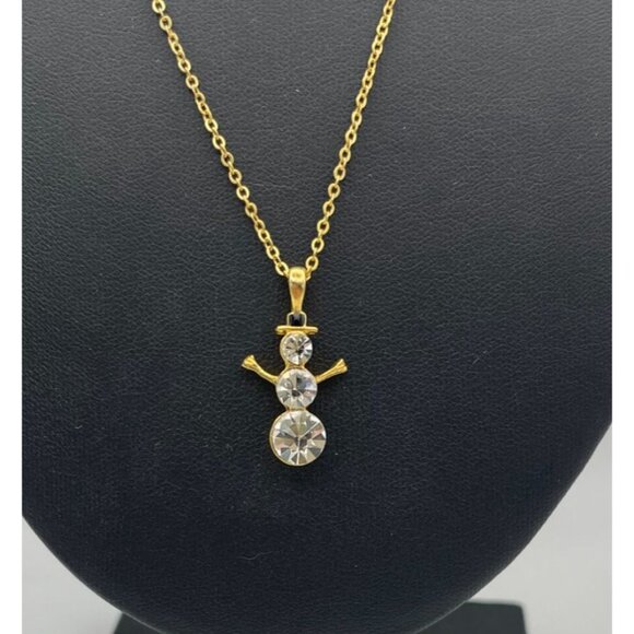 Snowman Gold Tone Clear Sparkling Rhinestones Necklace - Picture 3 of 8